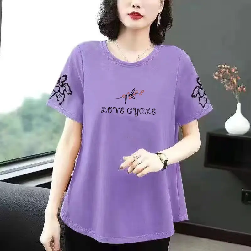 Middle-Aged Women Cotton T-Shirt Orange Loose Fit - Image 4