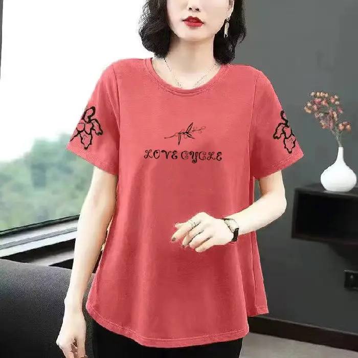 Middle-Aged Women Cotton T-Shirt Orange Loose Fit - Image 6