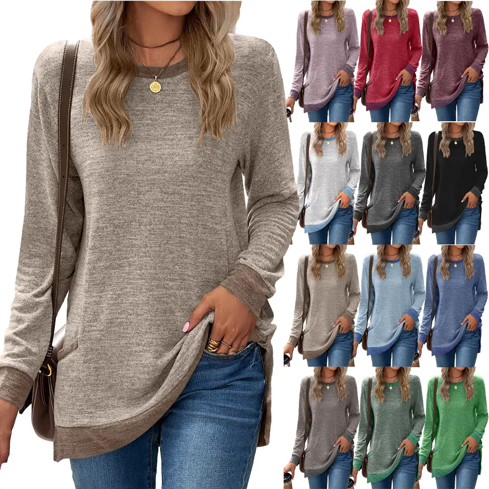 Green Long Sleeve Round Neck Pullover Top with Pocket - Image 4