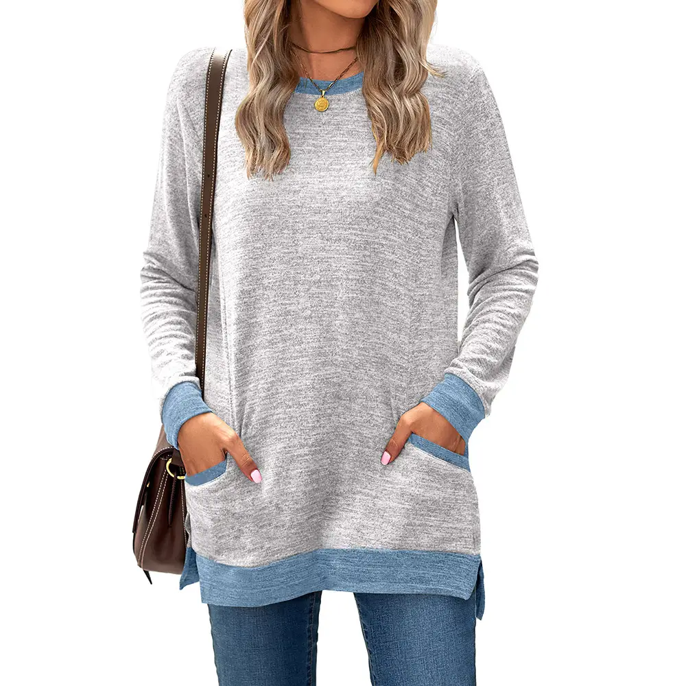Green Long Sleeve Round Neck Pullover Top with Pocket - Image 5