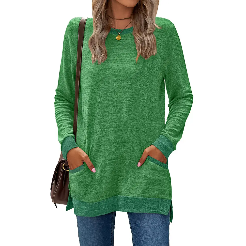 Green Long Sleeve Round Neck Pullover Top with Pocket - Image 6