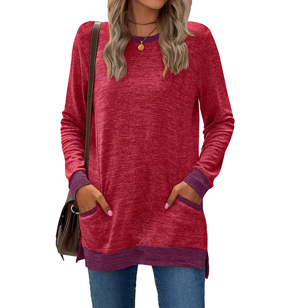 Green Long Sleeve Round Neck Pullover Top with Pocket - Image 7