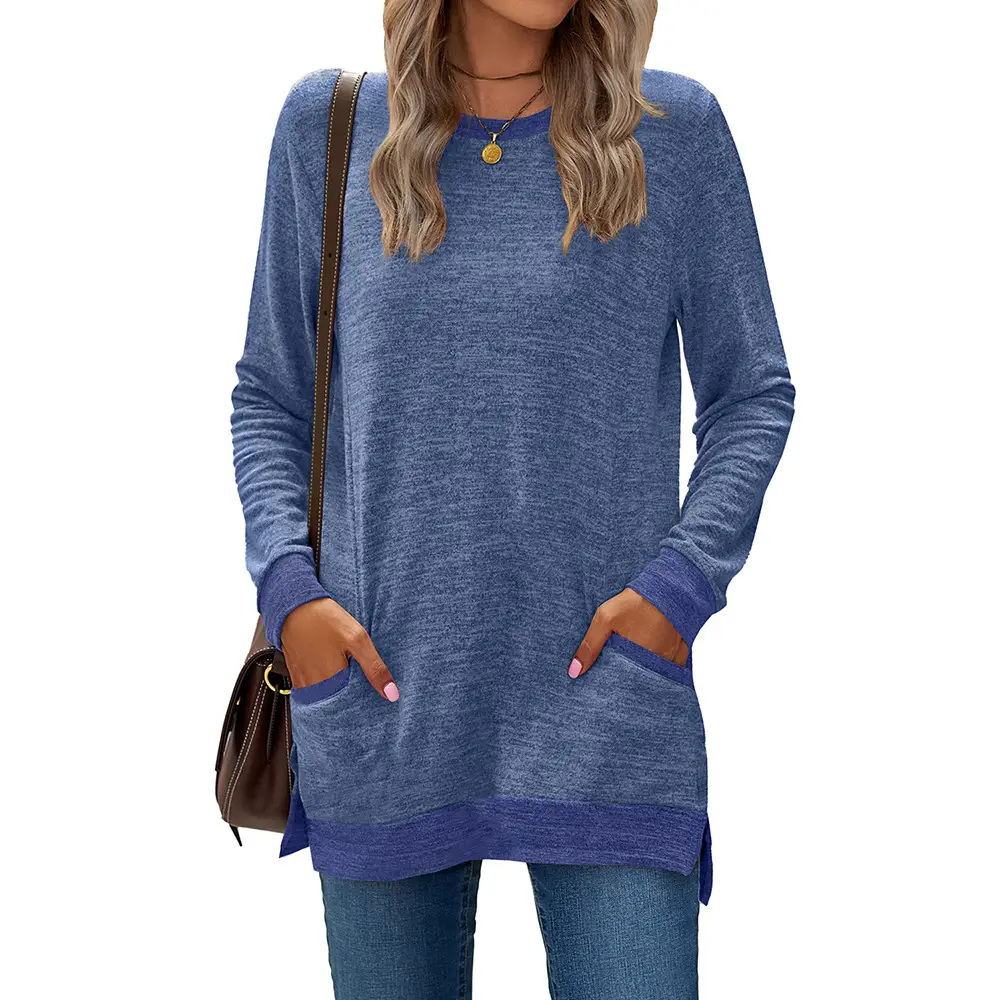Green Long Sleeve Round Neck Pullover Top with Pocket - Image 8