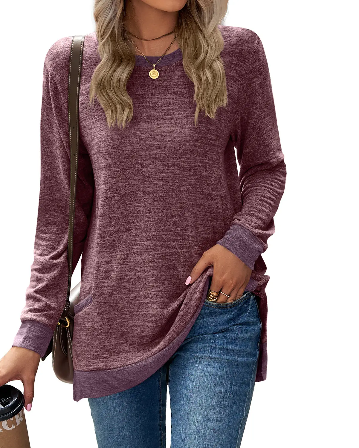 Green Long Sleeve Round Neck Pullover Top with Pocket - Image 3