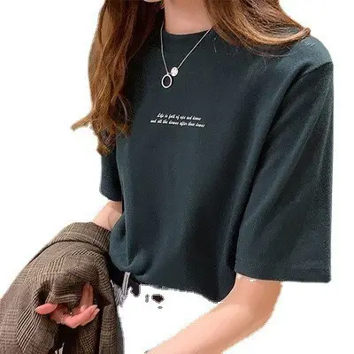 Women Printed T-Shirt 2025 Summer Loose Fit Dark Green