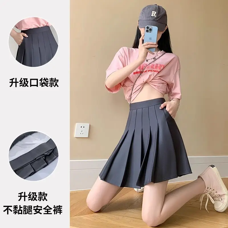 New Style Pocket Pleated Skirt for Students Black White Gray Khaki - Image 11