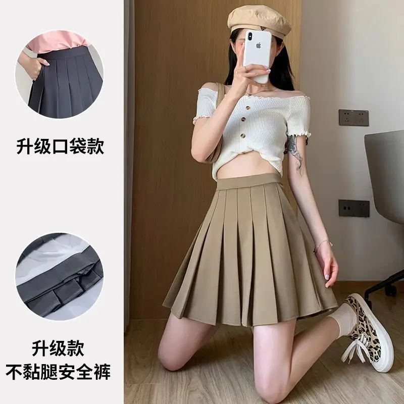 New Style Pocket Pleated Skirt for Students Black White Gray Khaki - Image 10