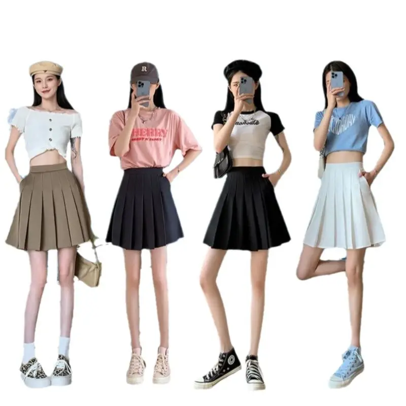 New Style Pocket Pleated Skirt for Students Black White Gray Khaki - Image 17