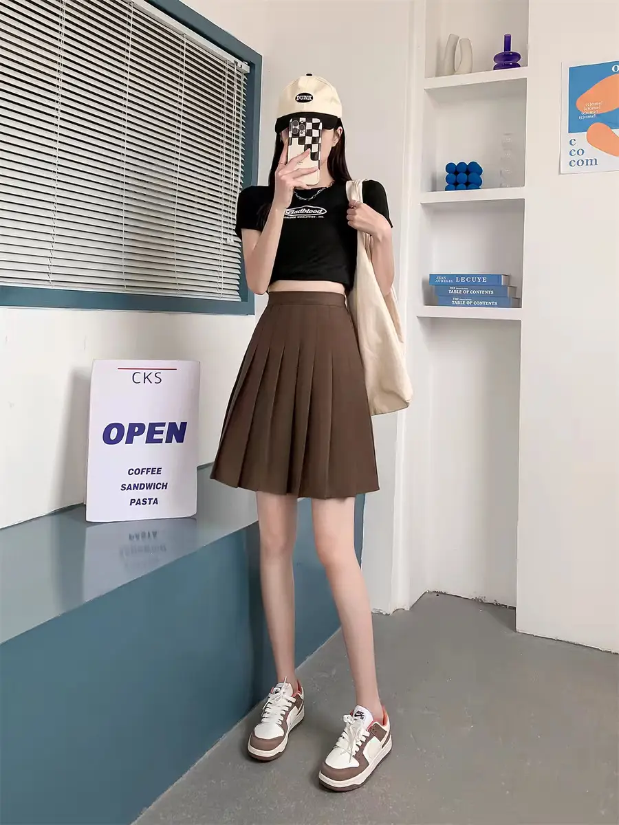 New Style Pocket Pleated Skirt for Students Black White Gray Khaki - Image 14