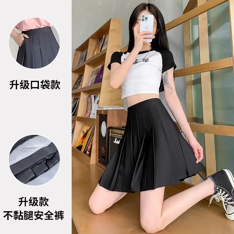 New Style Pocket Pleated Skirt for Students Black White Gray Khaki - Image 8