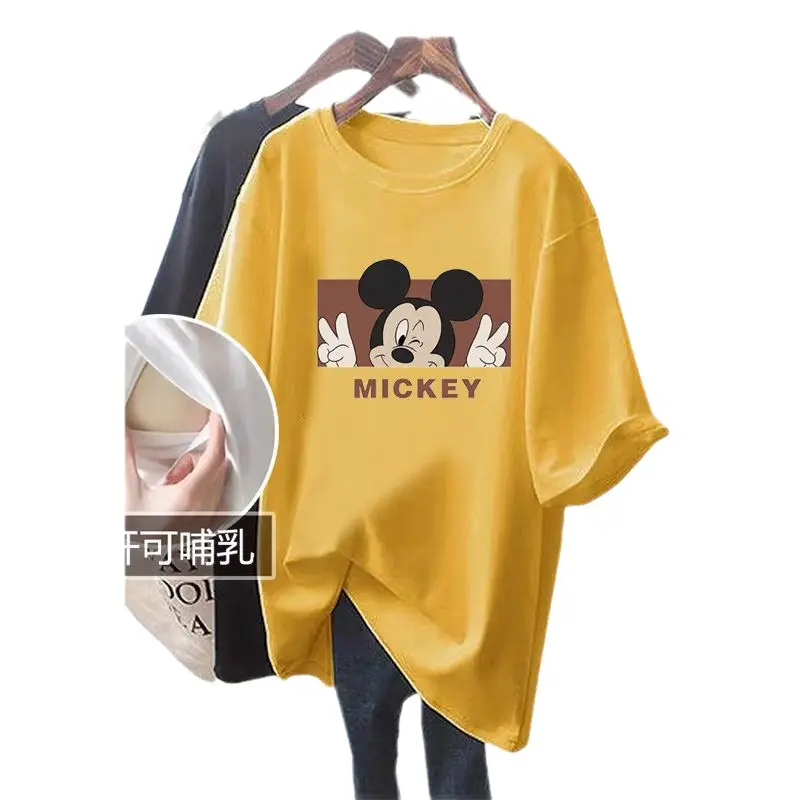 Grey Mickey Print T-Shirt Short Sleeve Cotton