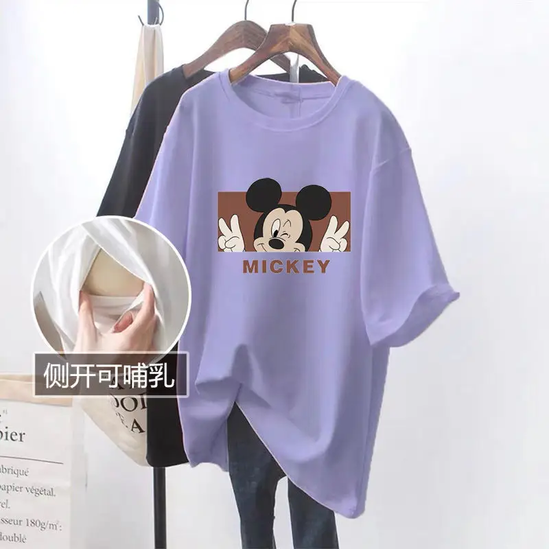 Grey Mickey Print T-Shirt Short Sleeve Cotton