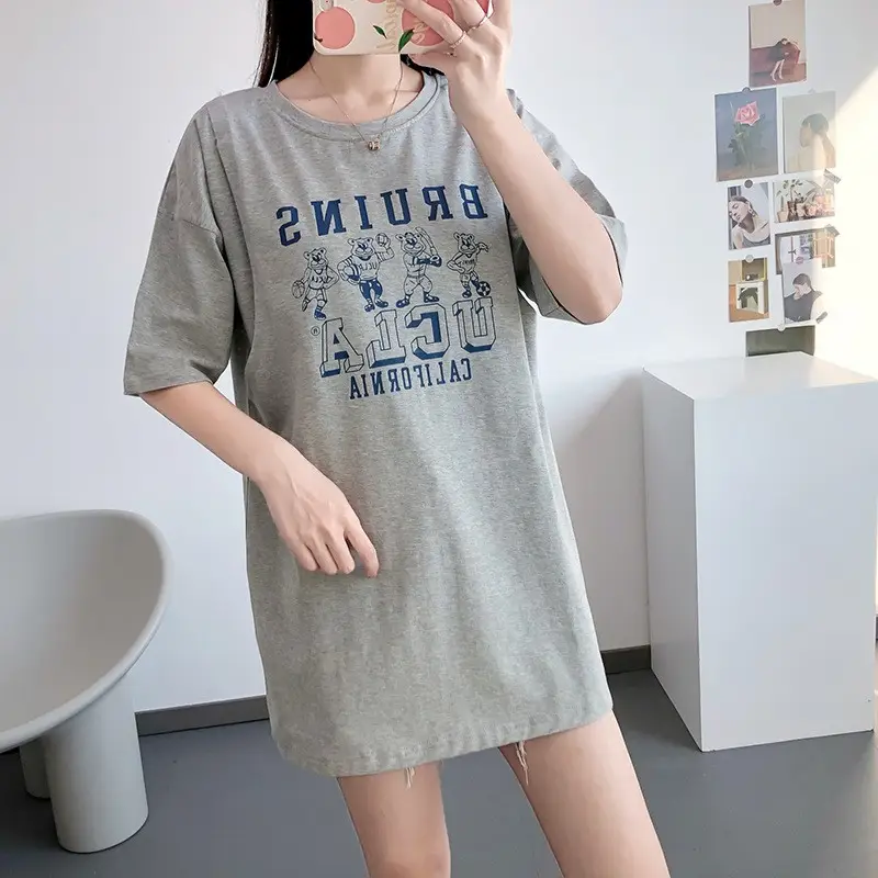 Grey Mickey Print T-Shirt Short Sleeve Cotton