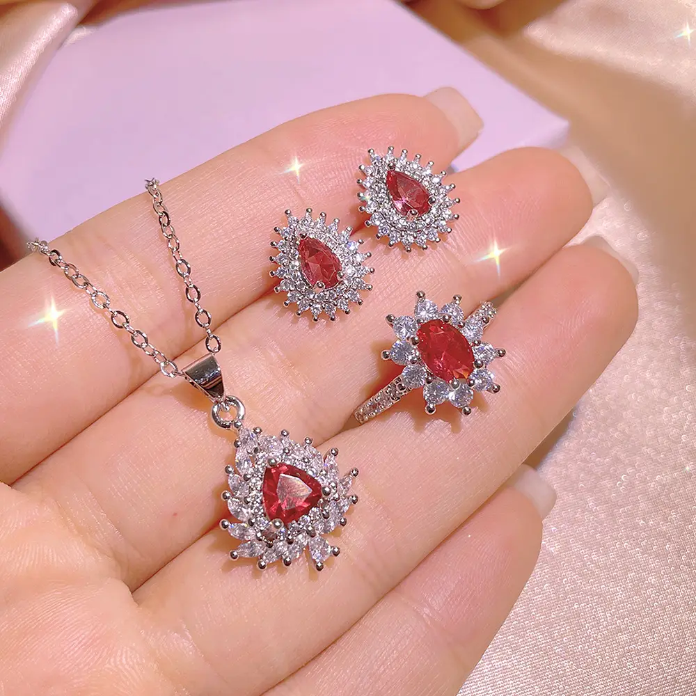 Shiny Red Zircon Earrings Set for Weddings - Image 3
