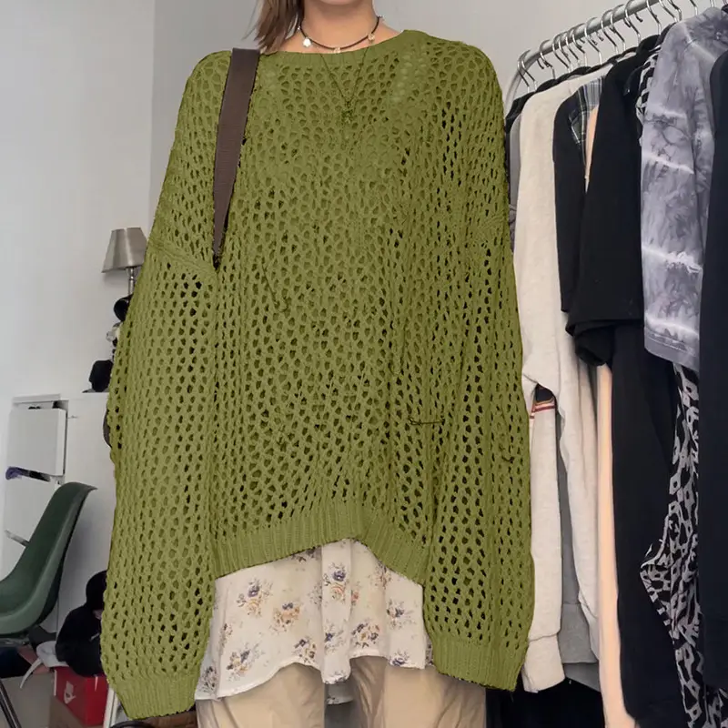 Cross-Border Export 2025 Sexy Cut Out Mesh Woolen Blouse for Women