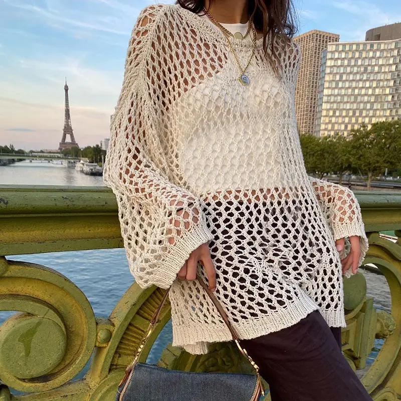 Cross-Border Export 2025 Sexy Cut Out Mesh Woolen Blouse for Women