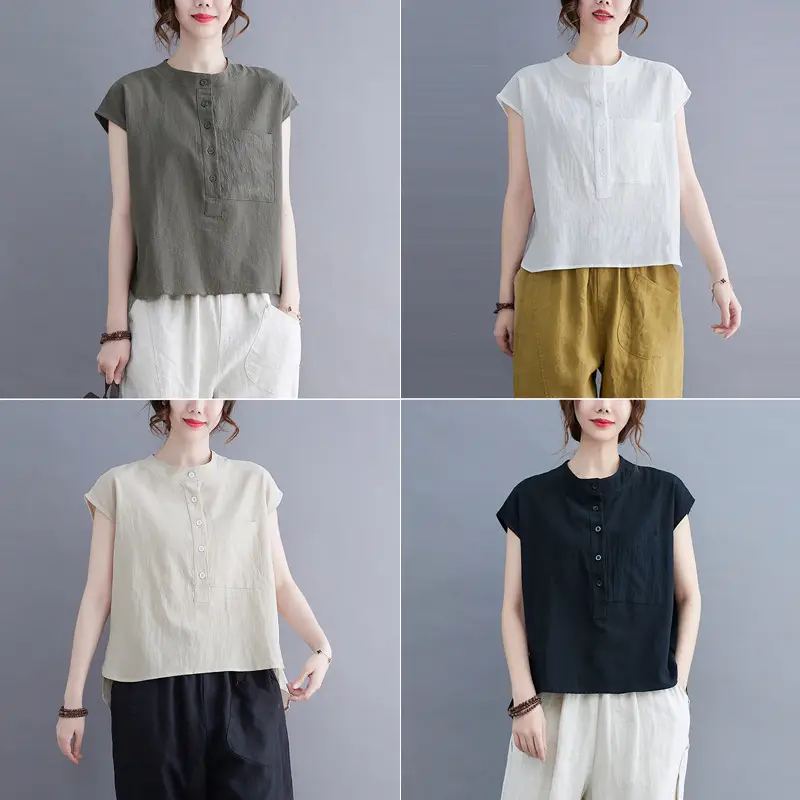 Women Cotton Linen Sleeveless T-Shirt 2022 Summer - Image 5