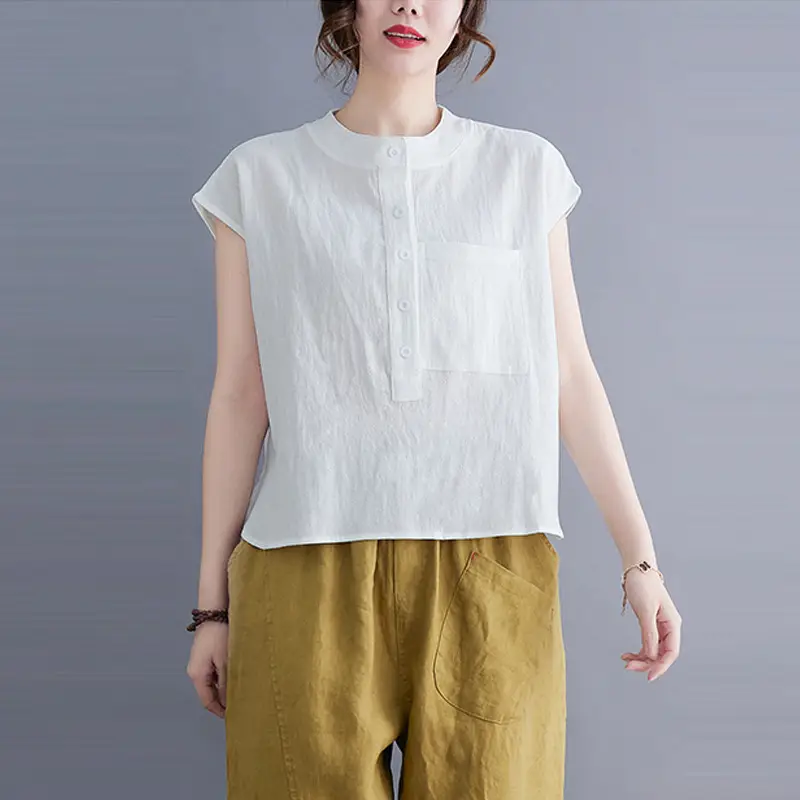 Women Cotton Linen Sleeveless T-Shirt 2022 Summer - Image 2
