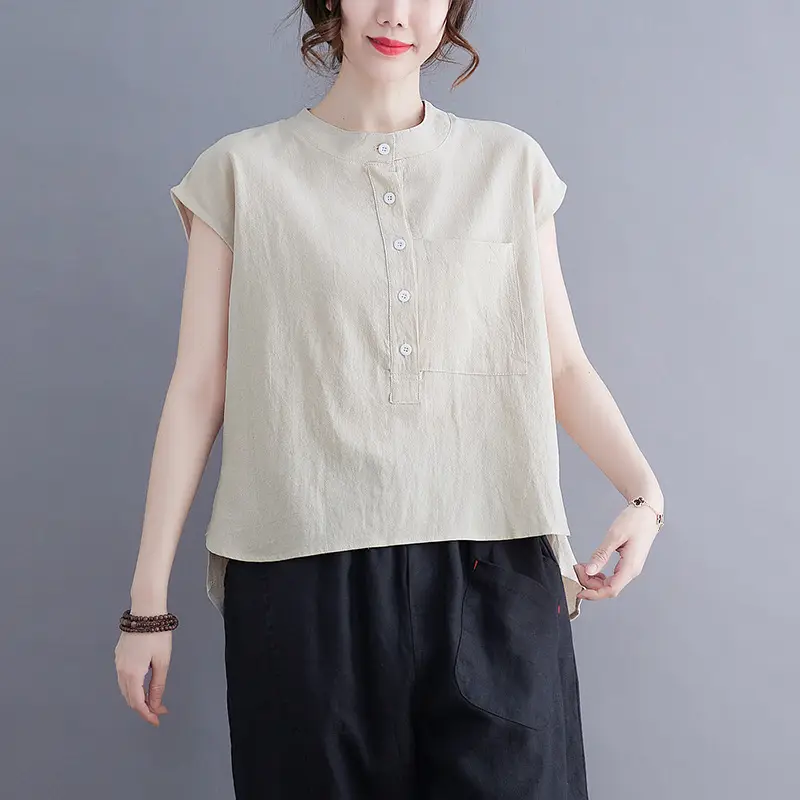 Women Cotton Linen Sleeveless T-Shirt 2022 Summer - Image 7
