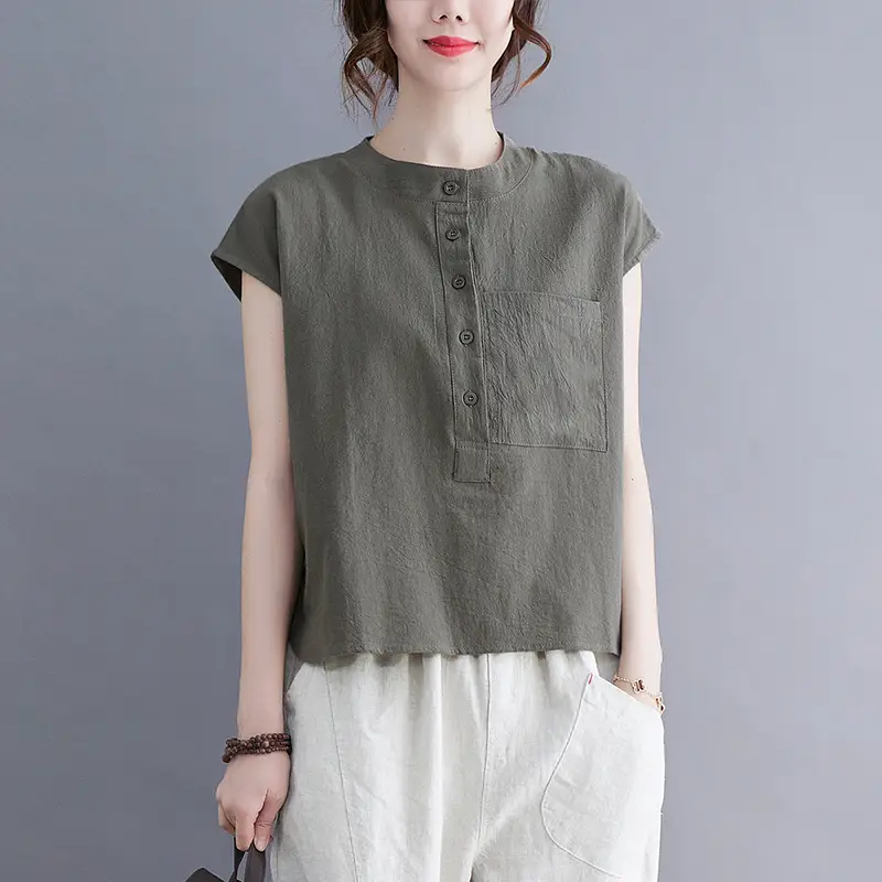 Women Cotton Linen Sleeveless T-Shirt 2022 Summer - Image 4