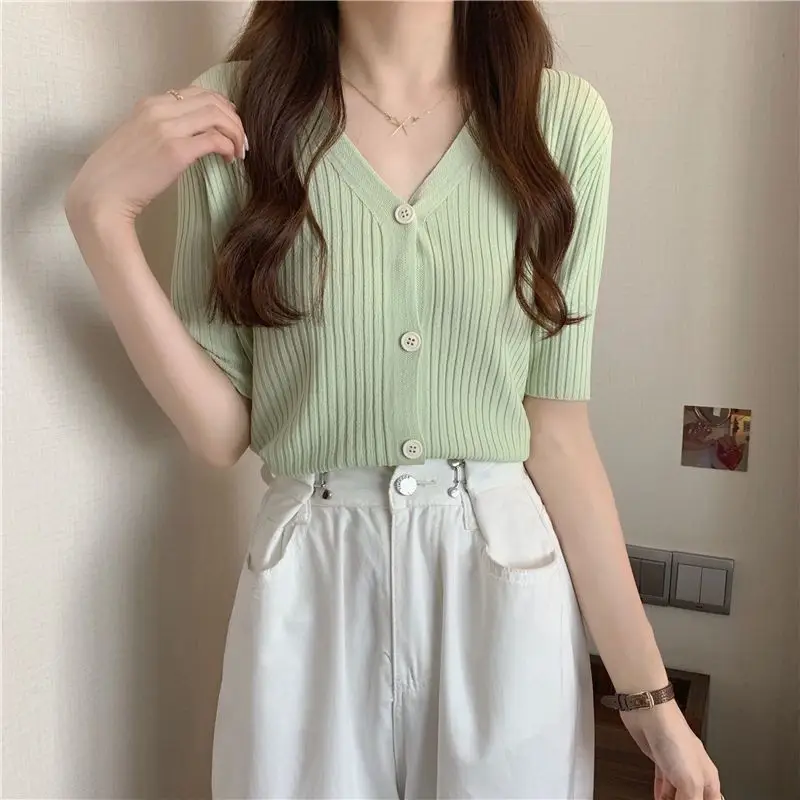 Summer Ice Silk V-Neck Cardigan Jacket Light Green - Image 11