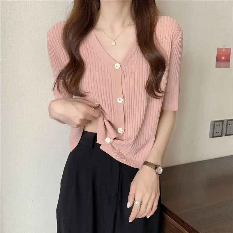 Summer Ice Silk V-Neck Cardigan Jacket Light Green - Image 5