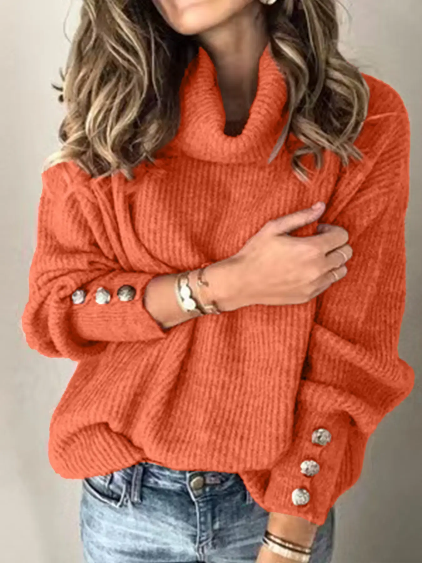 Women's Knit High-Neck Sweatshirt with Button Sleeves