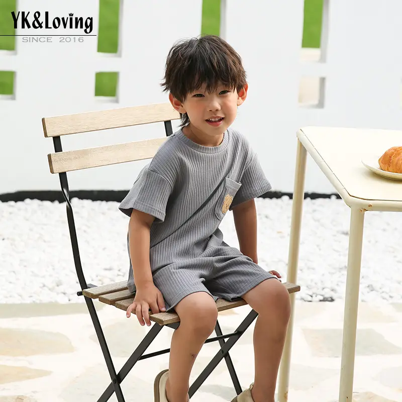 Boy's Summer Patchwork T-Shirt Shorts Set Beige Cotton - Image 5