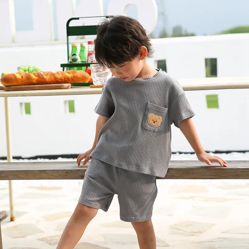 Boy's Summer Patchwork T-Shirt Shorts Set Beige Cotton - Image 6
