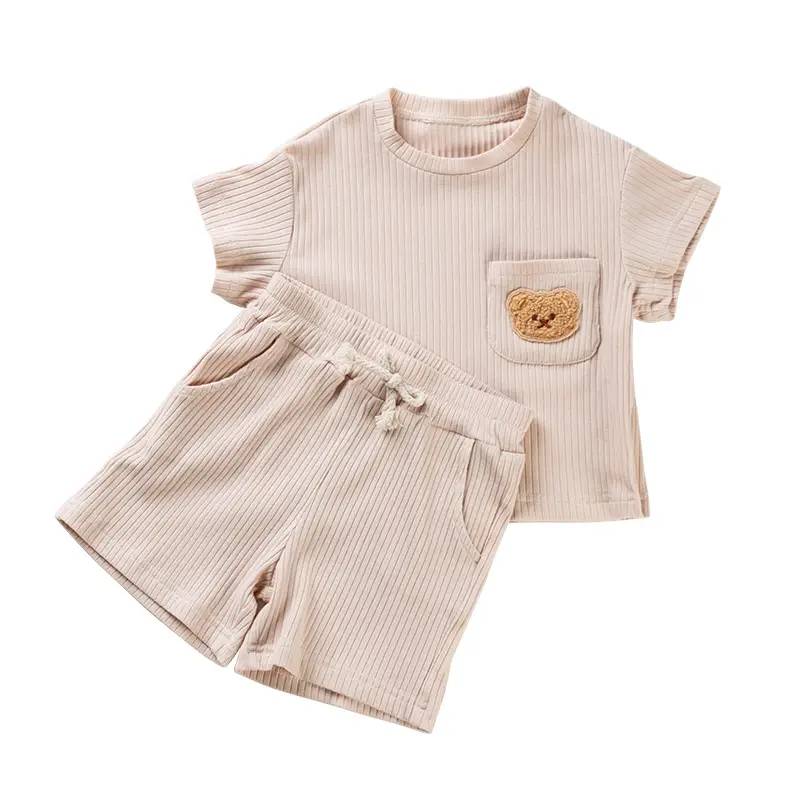 Boy's Summer Patchwork T-Shirt Shorts Set Beige Cotton - Image 8