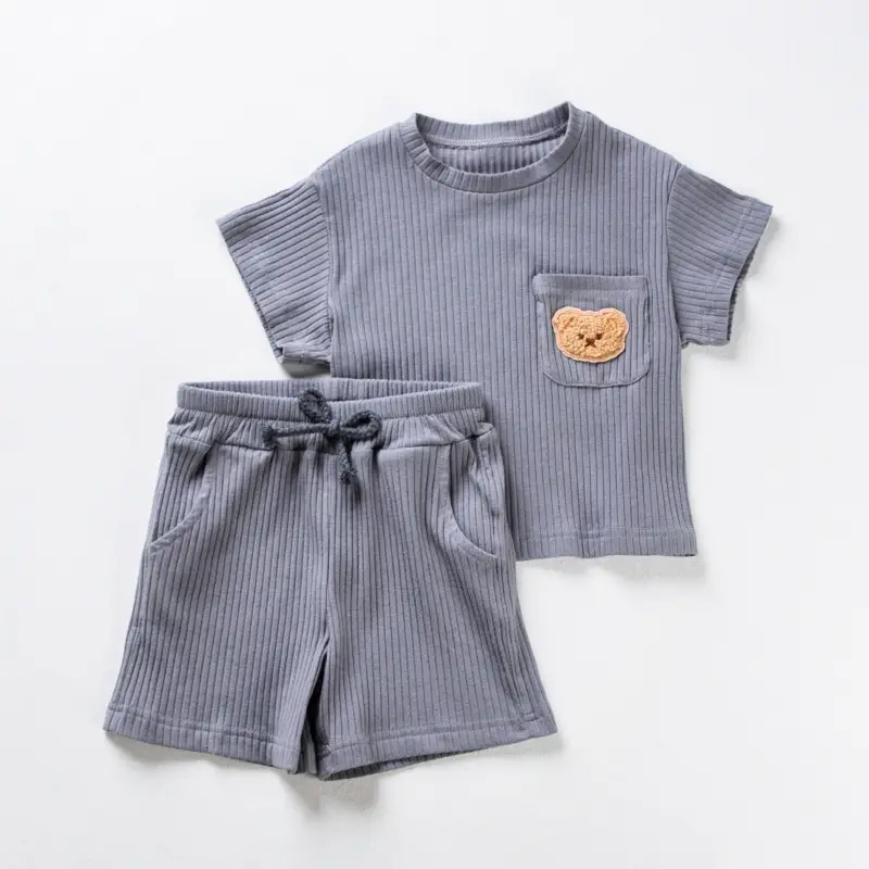 Boy's Summer Patchwork T-Shirt Shorts Set Beige Cotton - Image 2
