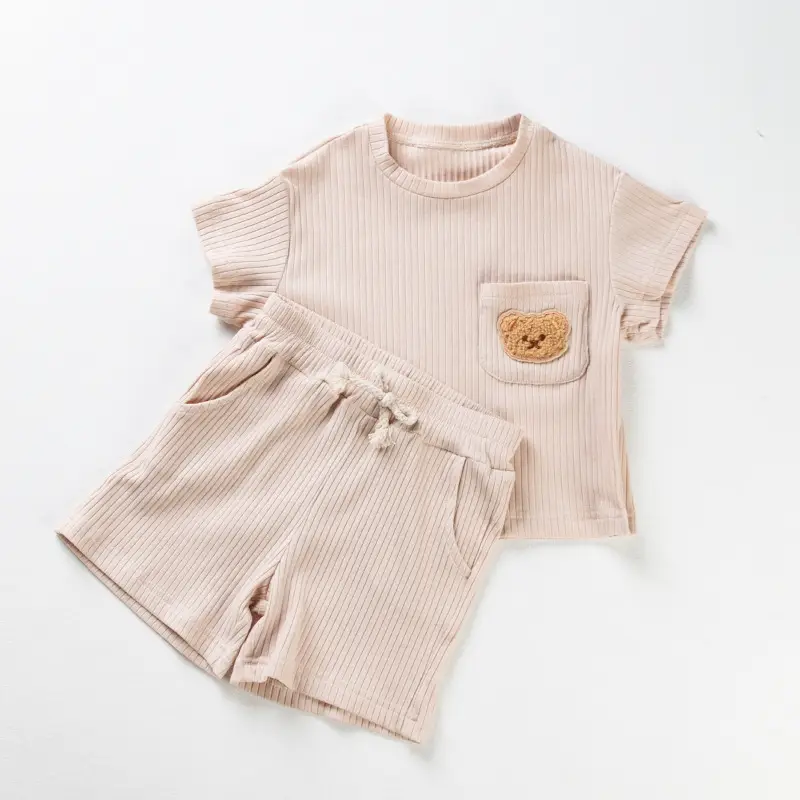 Boy's Summer Patchwork T-Shirt Shorts Set Beige Cotton - Image 3