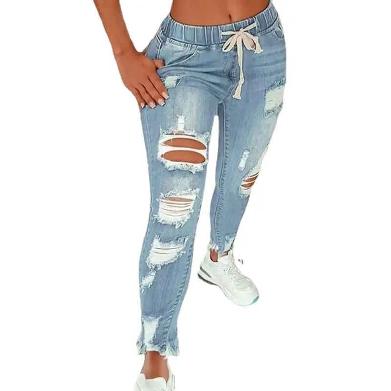 Amazon Aliexpress Cross-Border European and American Style Elastic Waist Women's Jeans High-Waisted Ripped Skinny Lace-Up Pants