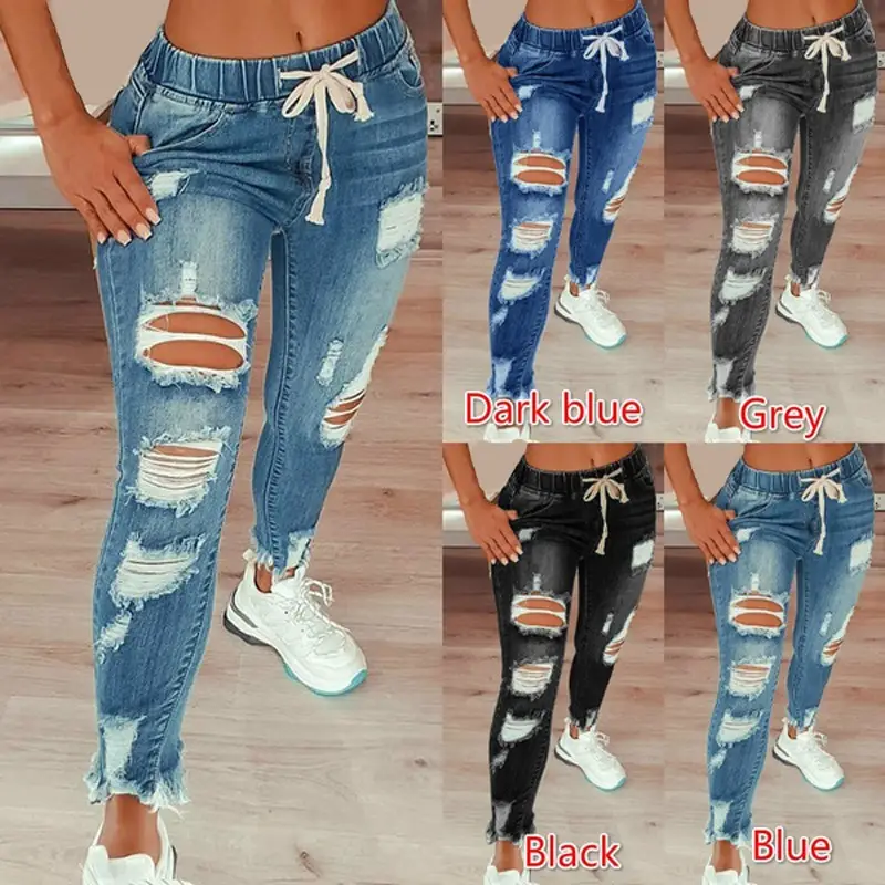 Amazon Aliexpress Cross-Border European and American Style Elastic Waist Women's Jeans High-Waisted Ripped Skinny Lace-Up Pants — feature 2