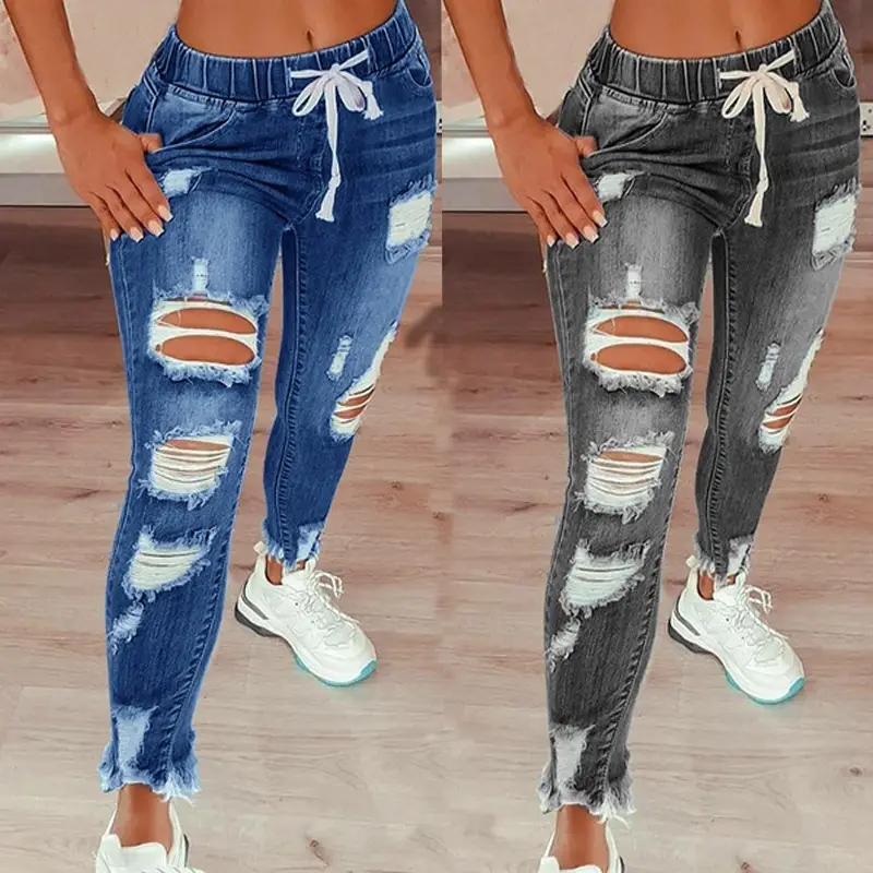 Amazon Aliexpress Cross-Border European and American Style Elastic Waist Women's Jeans High-Waisted Ripped Skinny Lace-Up Pants — feature 3