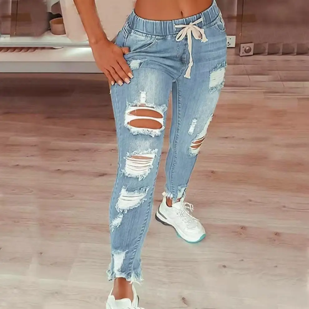 Amazon Aliexpress Cross-Border European and American Style Elastic Waist Women's Jeans High-Waisted Ripped Skinny Lace-Up Pants — feature 4