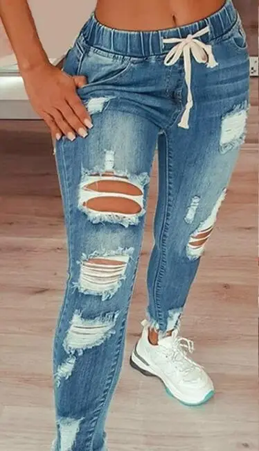 Amazon Aliexpress Cross-Border European and American Style Elastic Waist Women's Jeans High-Waisted Ripped Skinny Lace-Up Pants