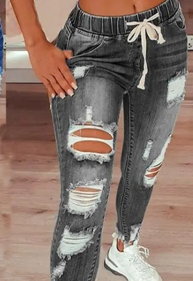 Amazon Aliexpress Cross-Border European and American Style Elastic Waist Women's Jeans High-Waisted Ripped Skinny Lace-Up Pants