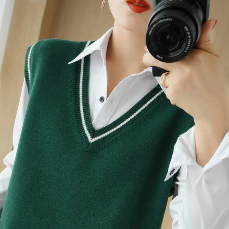 Women V-Neck Vest Grey Academic Sweater Waistcoat - Image 3