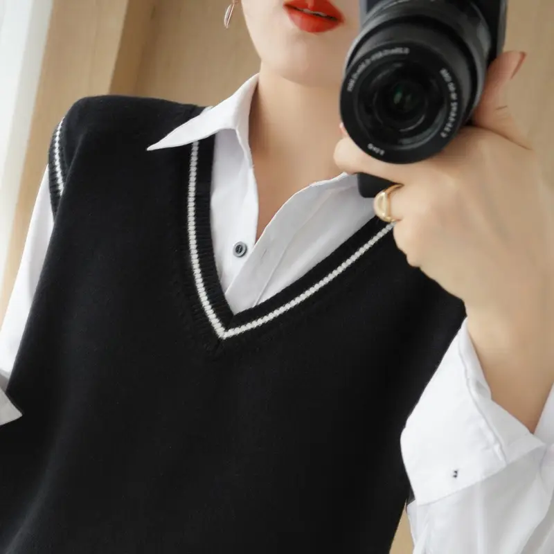 Women V-Neck Vest Grey Academic Sweater Waistcoat - Image 2