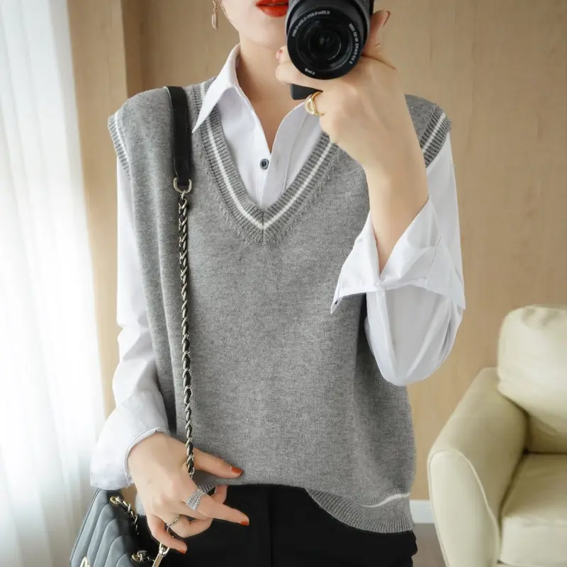 Women V-Neck Vest Grey Academic Sweater Waistcoat - Image 4
