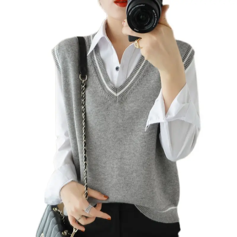 Women V-Neck Vest Grey Academic Sweater Waistcoat - Image 5