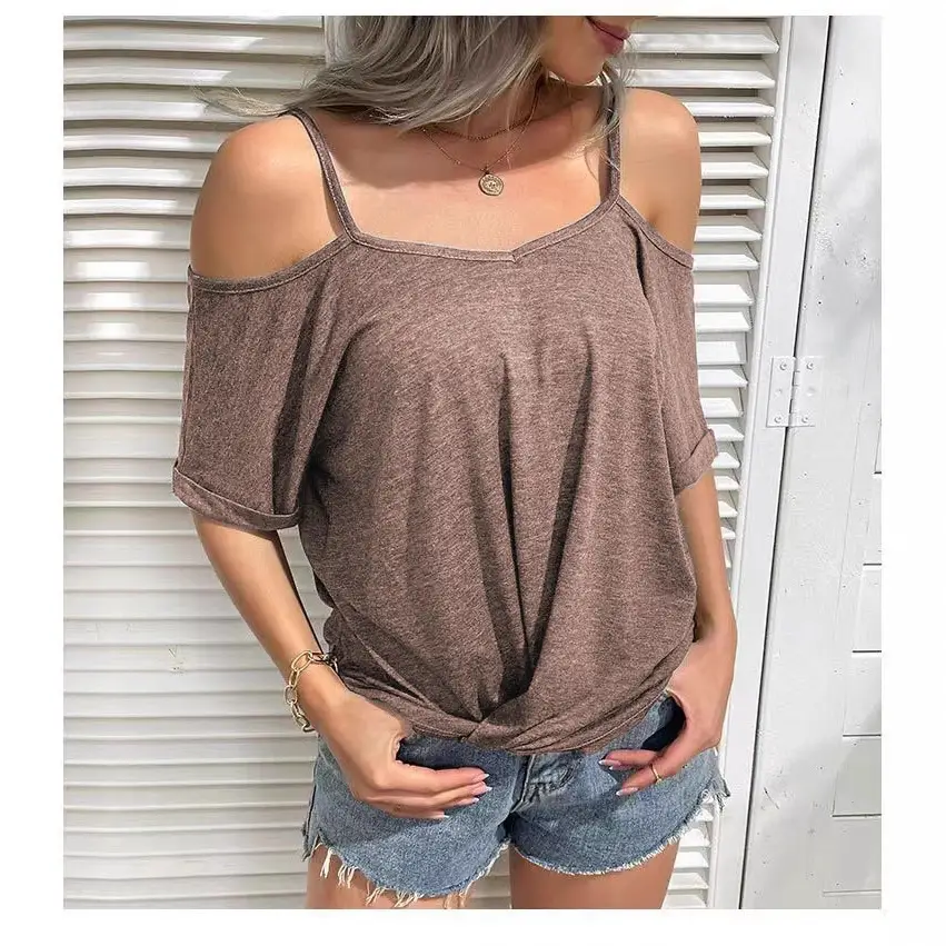 Women's 2022 Off-Shoulder V-Neck T-Shirt Blue - Image 7