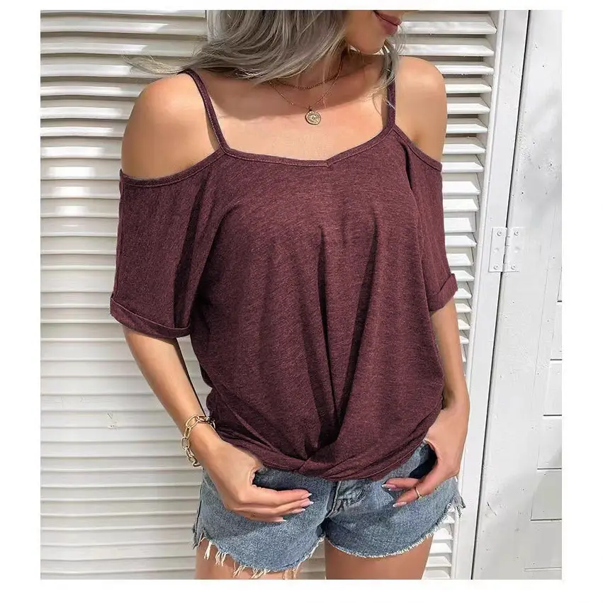 Women's 2022 Off-Shoulder V-Neck T-Shirt Blue - Image 8