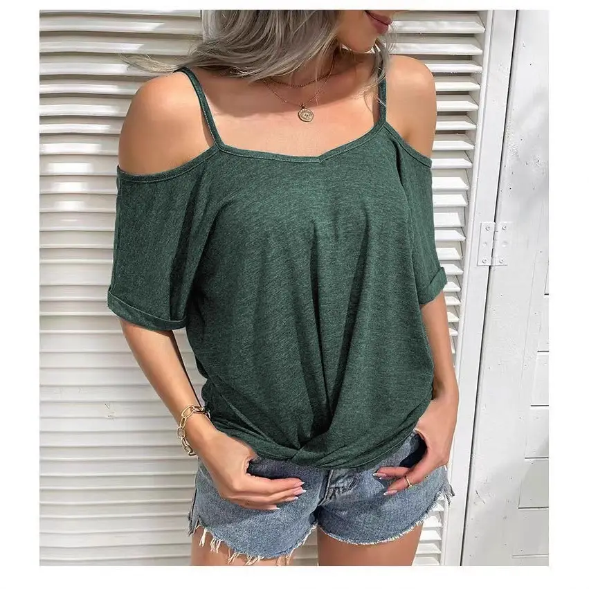 Women's 2022 Off-Shoulder V-Neck T-Shirt Blue - Image 9