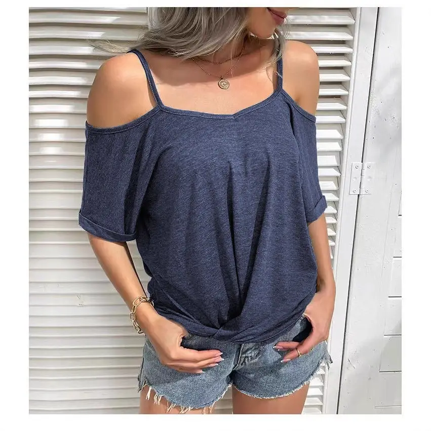 Women's 2022 Off-Shoulder V-Neck T-Shirt Blue - Image 10