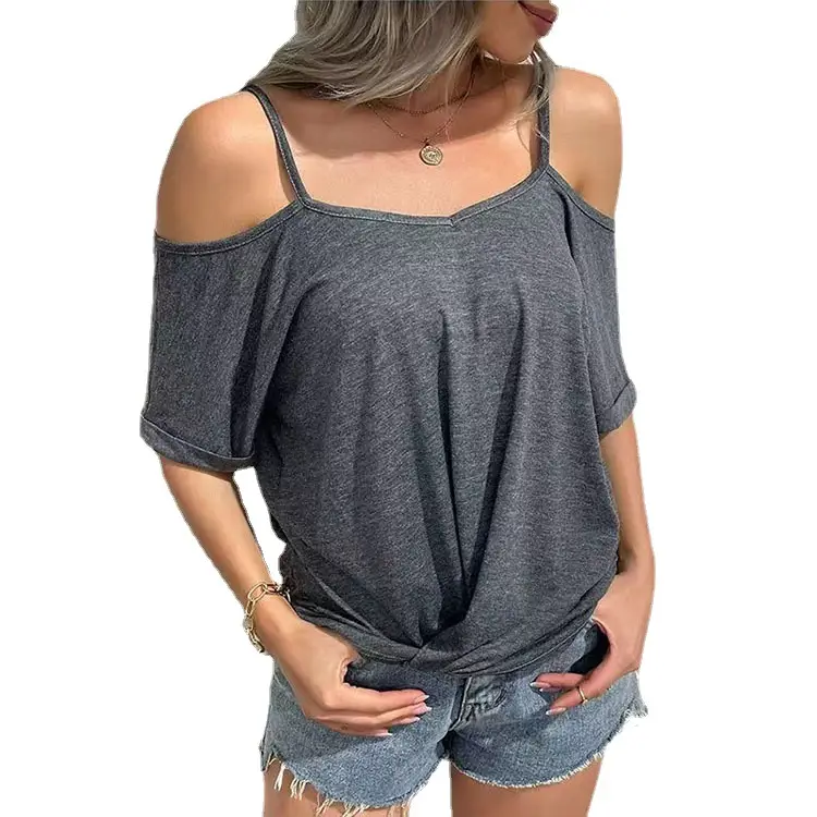 Women's 2022 Off-Shoulder V-Neck T-Shirt Blue - Image 11