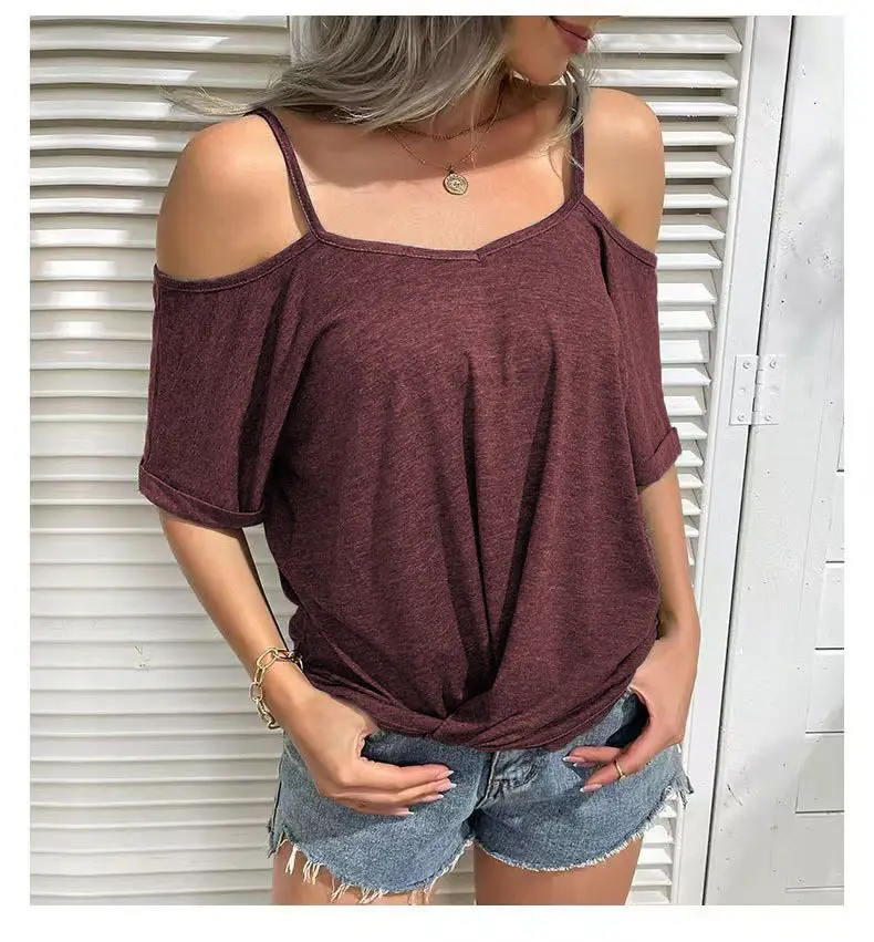 Women's 2022 Off-Shoulder V-Neck T-Shirt Blue - Image 2