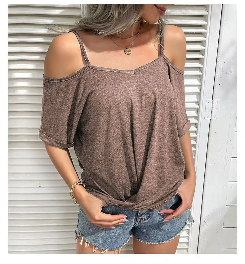 Women's 2022 Off-Shoulder V-Neck T-Shirt Blue - Image 5