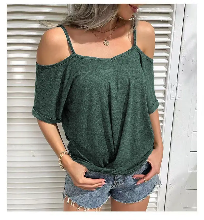 Women's 2022 Off-Shoulder V-Neck T-Shirt Blue - Image 6
